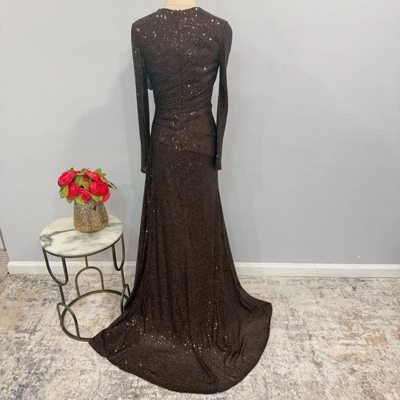 IEENA Mac Duggal Chocolate Brown Sequins Embellished Long Sleeve High Slit Gown